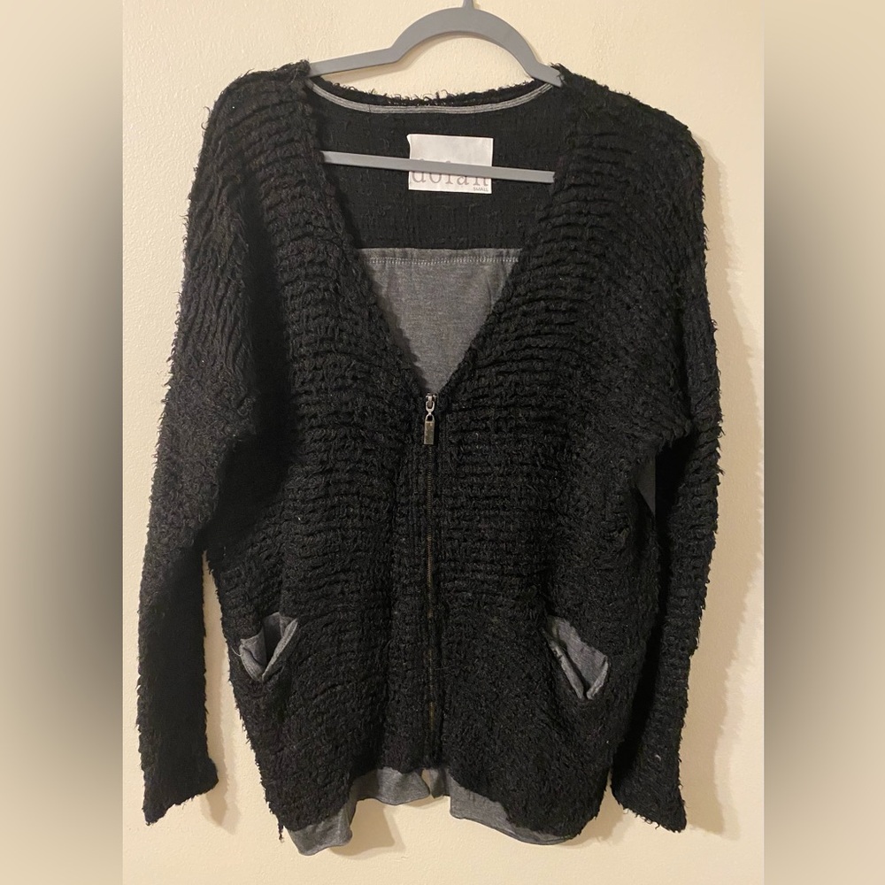 Womens Anthropologie Dolan Black Gray Fuzzy Zip Cardigan‎ Size Small